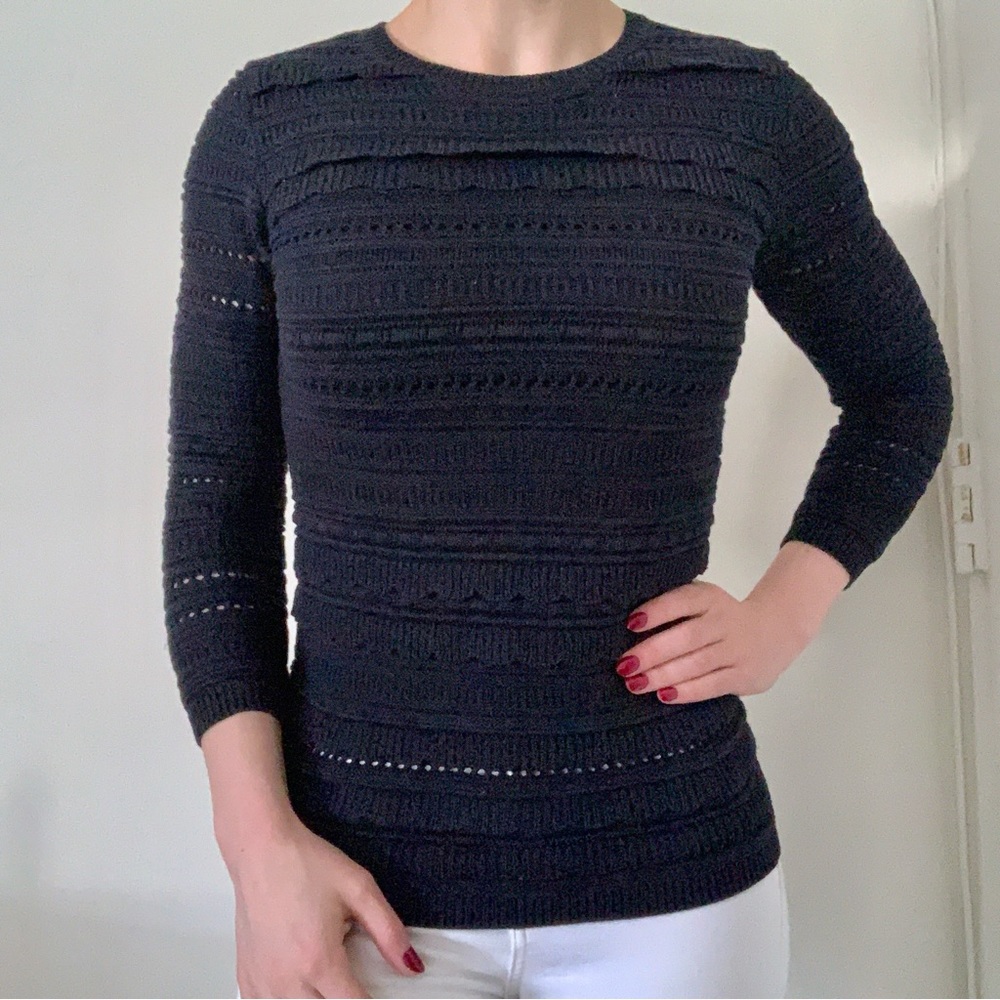 Banana Republic Navy Blue Sweater Scalloped Knit 3/4 Sleeve Preppy Nautical Sail